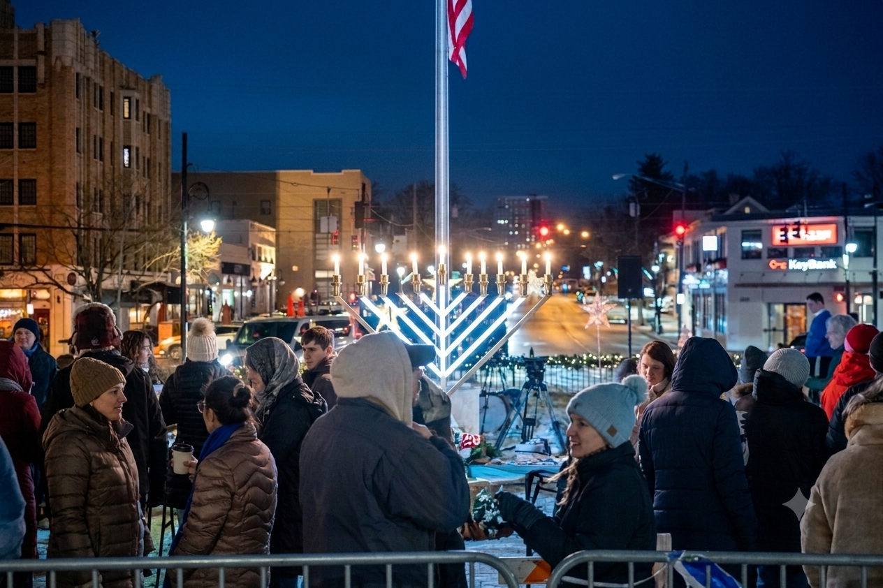 Crowd gathered around the giant menorah lighting at Hyde Park Square